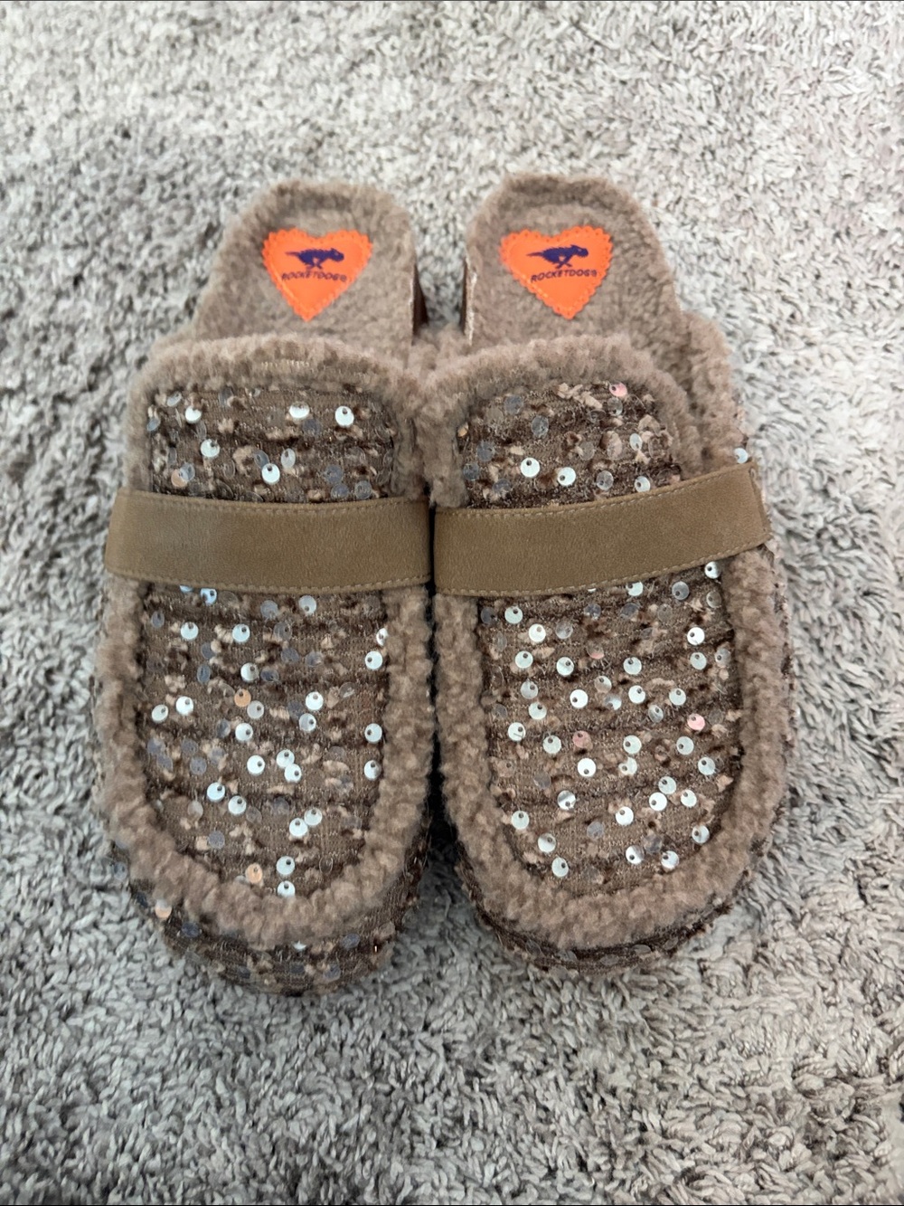 Rocket Dog Women’s Brown Sequin Faux-Shearling Slip-On Slippers
